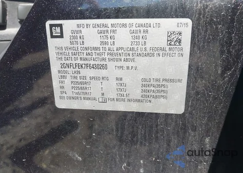 2015 Chevrolet Equinox 1Lt из США, поврежденный, VIN 2GNFLFEK7F6430260